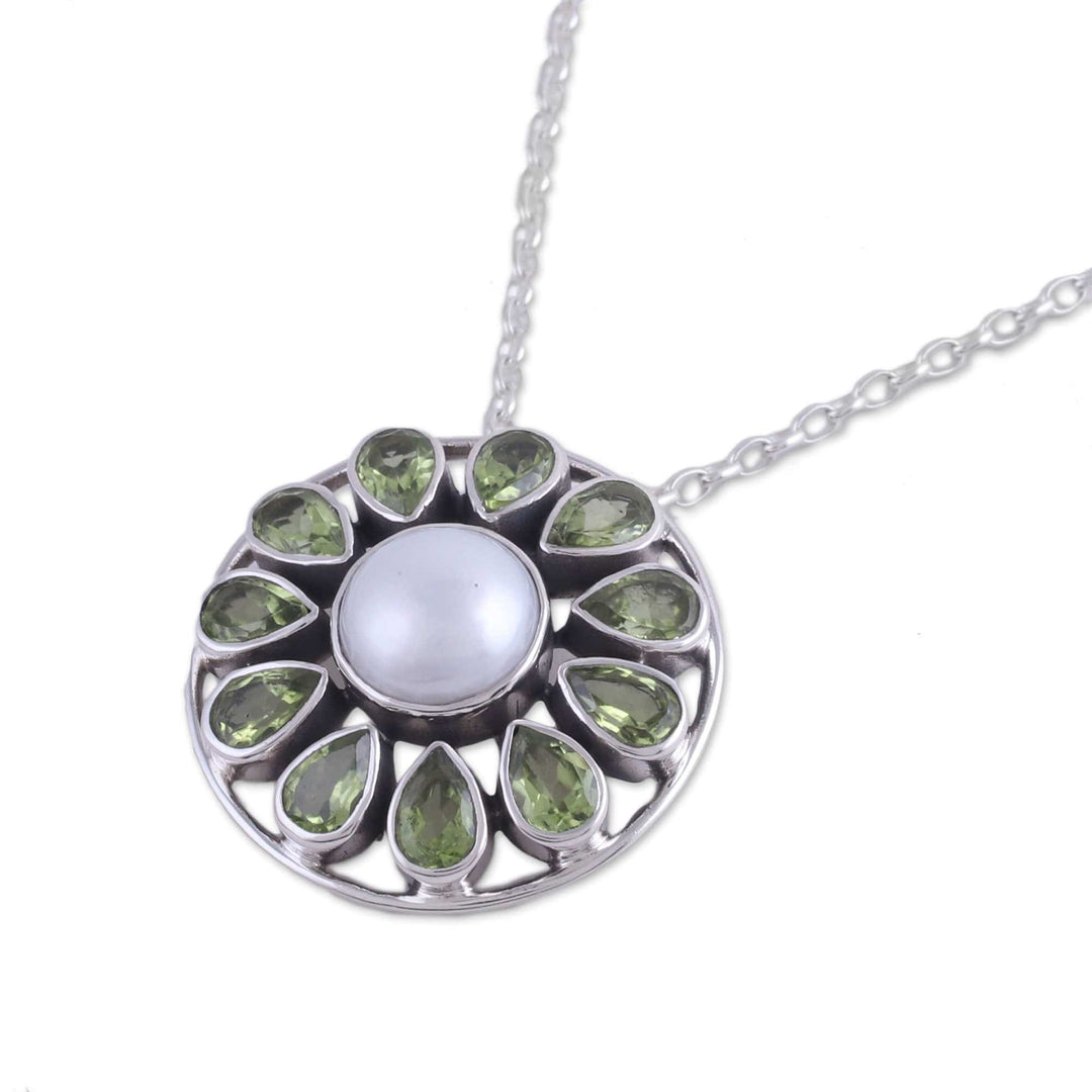 Peridot and Cultured Pearl Sterling Silver Pendant Necklace - Peridot Petals