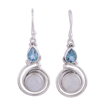 Moonstone and Blue Topaz Sterling Silver Earrings from India - Blissful Fusion