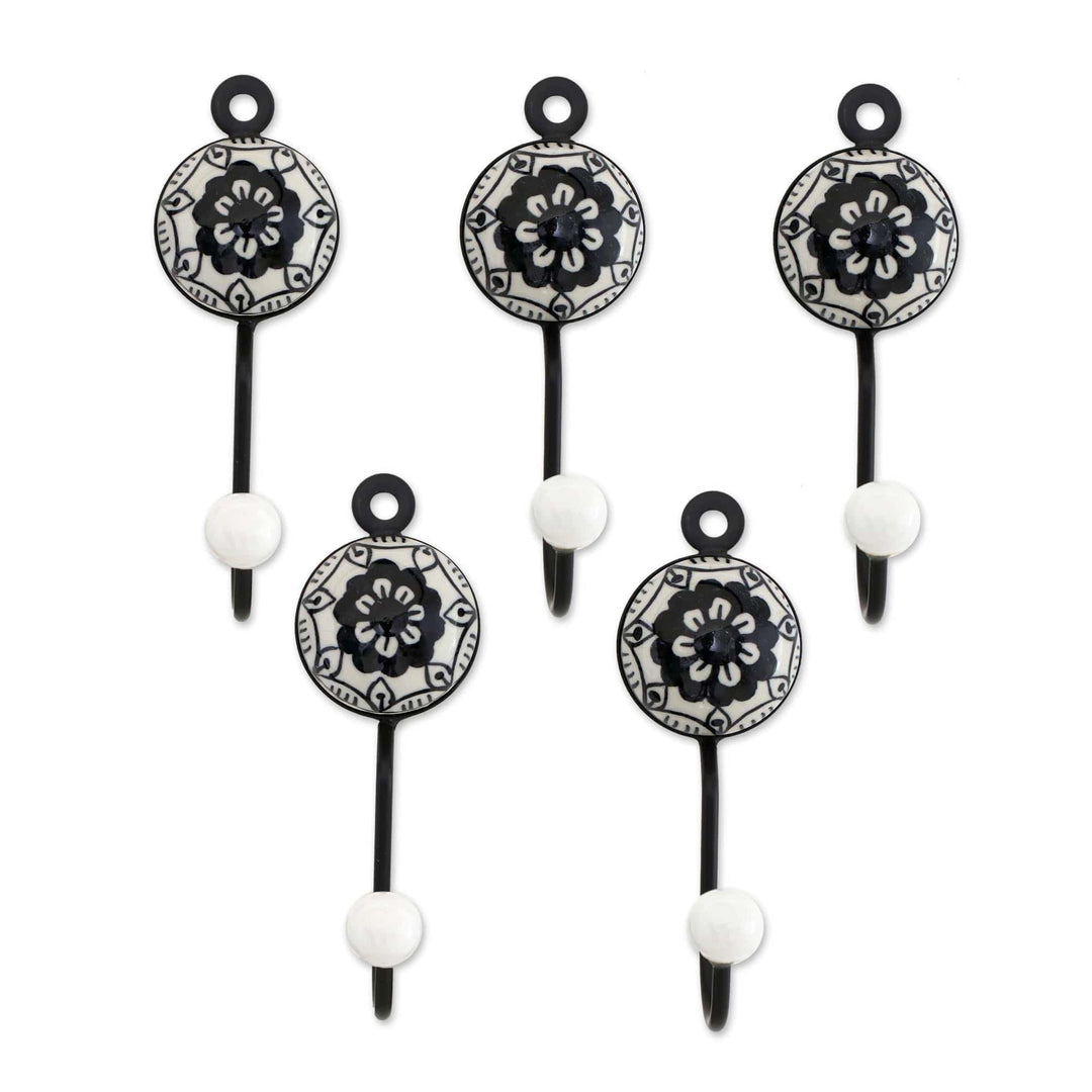 Five Painted Floral Ceramic Coat Hooks from India - Friendly Petals