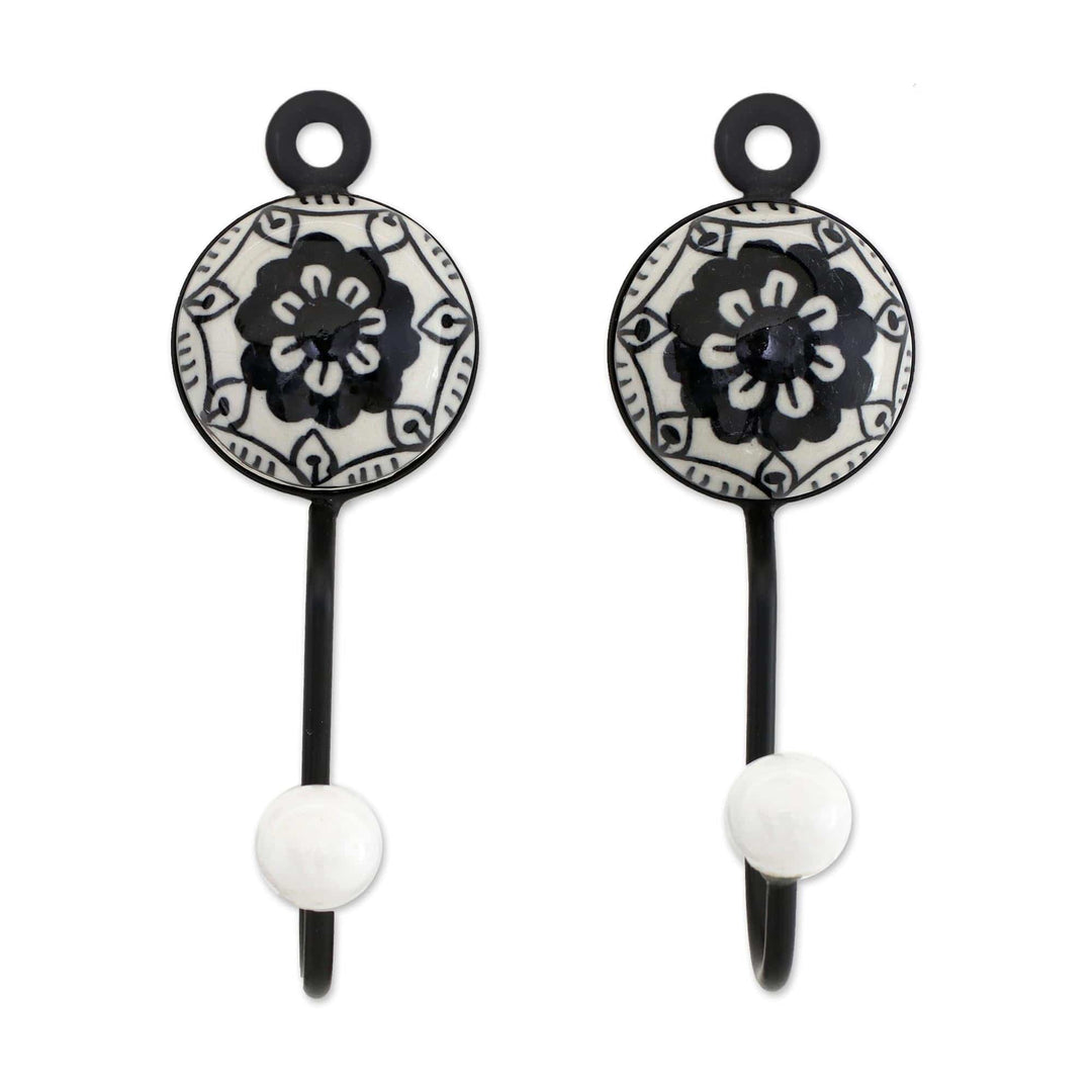 Five Painted Floral Ceramic Coat Hooks from India - Friendly Petals