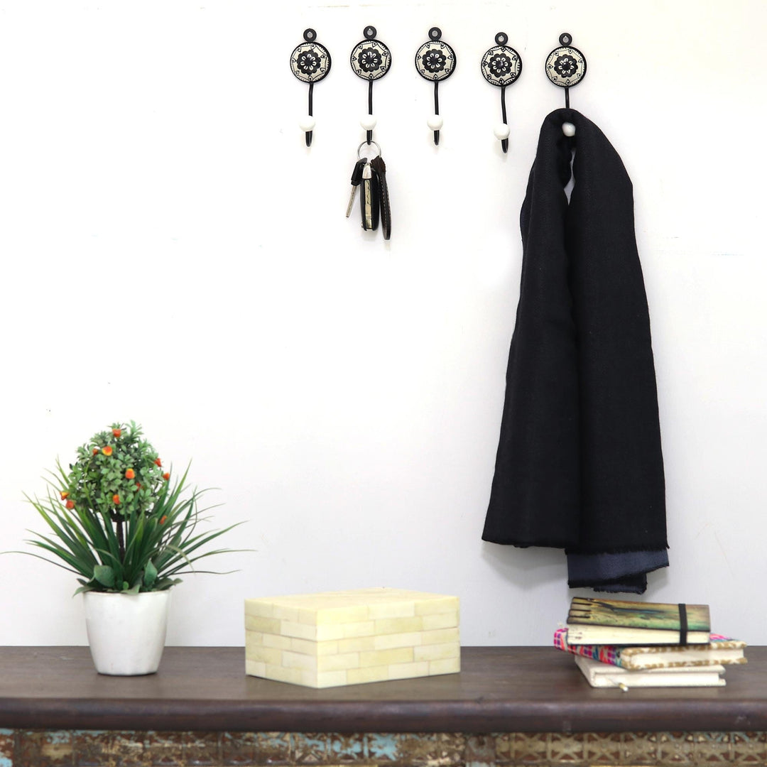 Five Painted Floral Ceramic Coat Hooks from India - Friendly Petals
