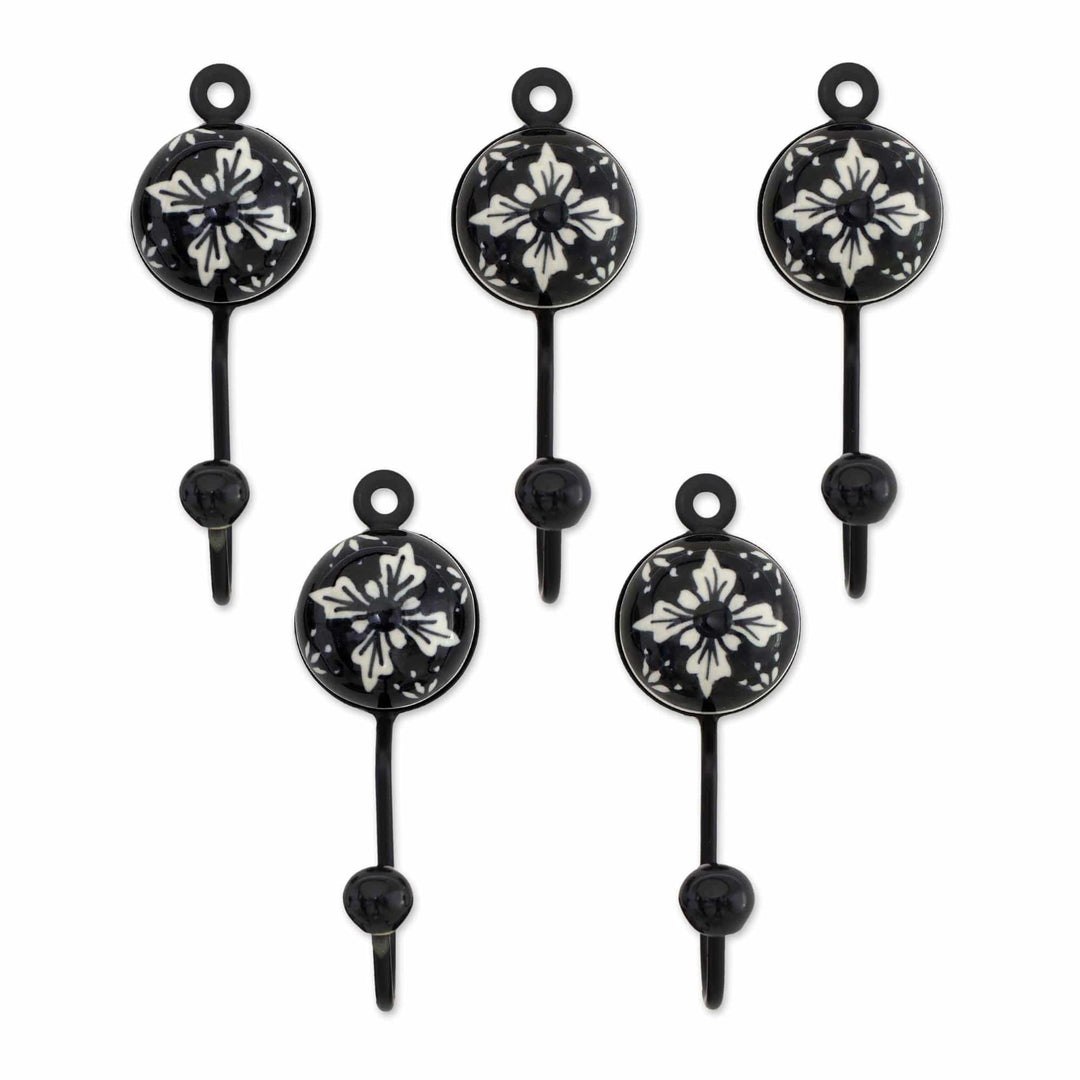 Five Floral Black and White Ceramic Coat Hooks from India - Flower Stars