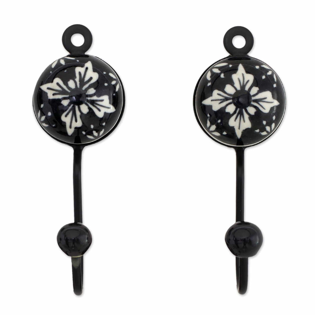 Five Floral Black and White Ceramic Coat Hooks from India - Flower Stars