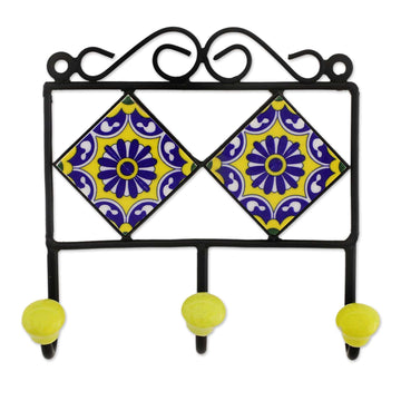 Painted Floral Ceramic Coat Rack in Yellow from India - Royal Blossoms