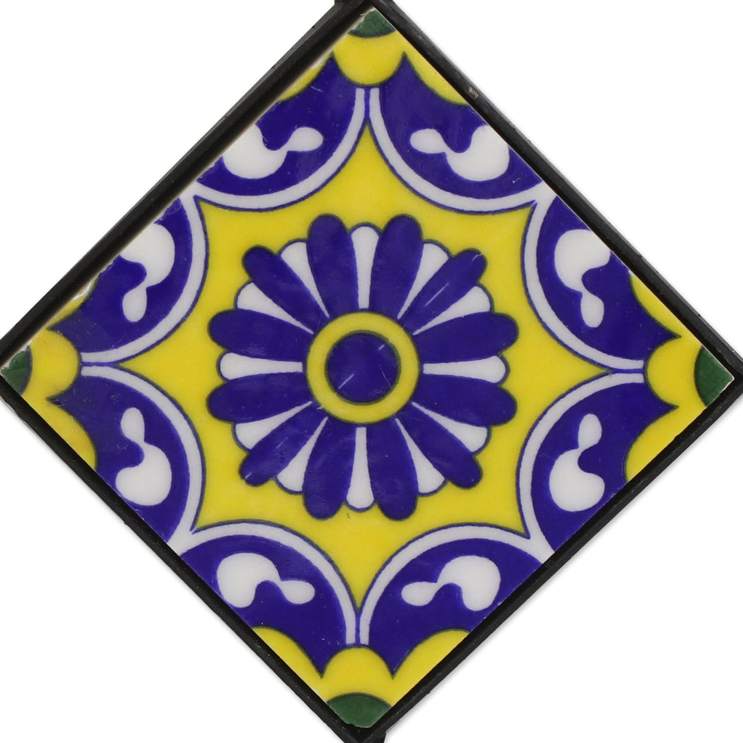 Painted Floral Ceramic Coat Rack in Yellow from India - Royal Blossoms