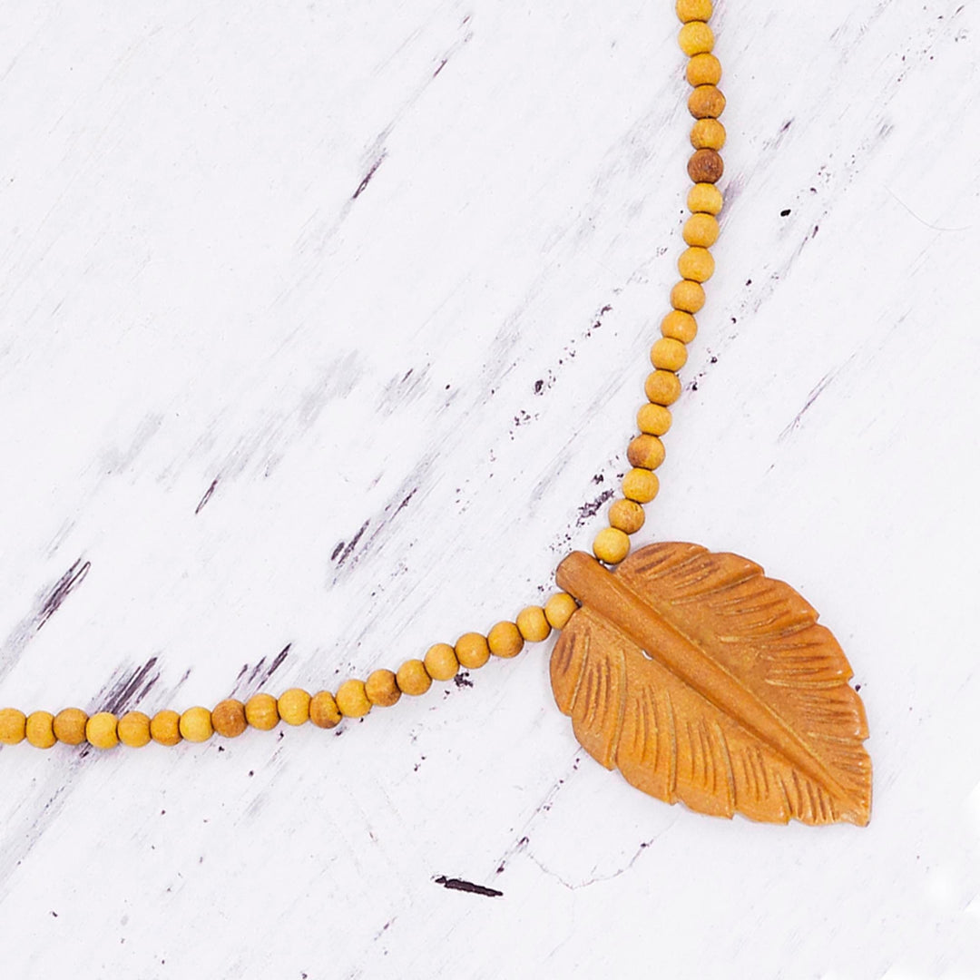 Hand Carved Wood Beaded Leaf Pendant Necklace - Mulberry Leaf