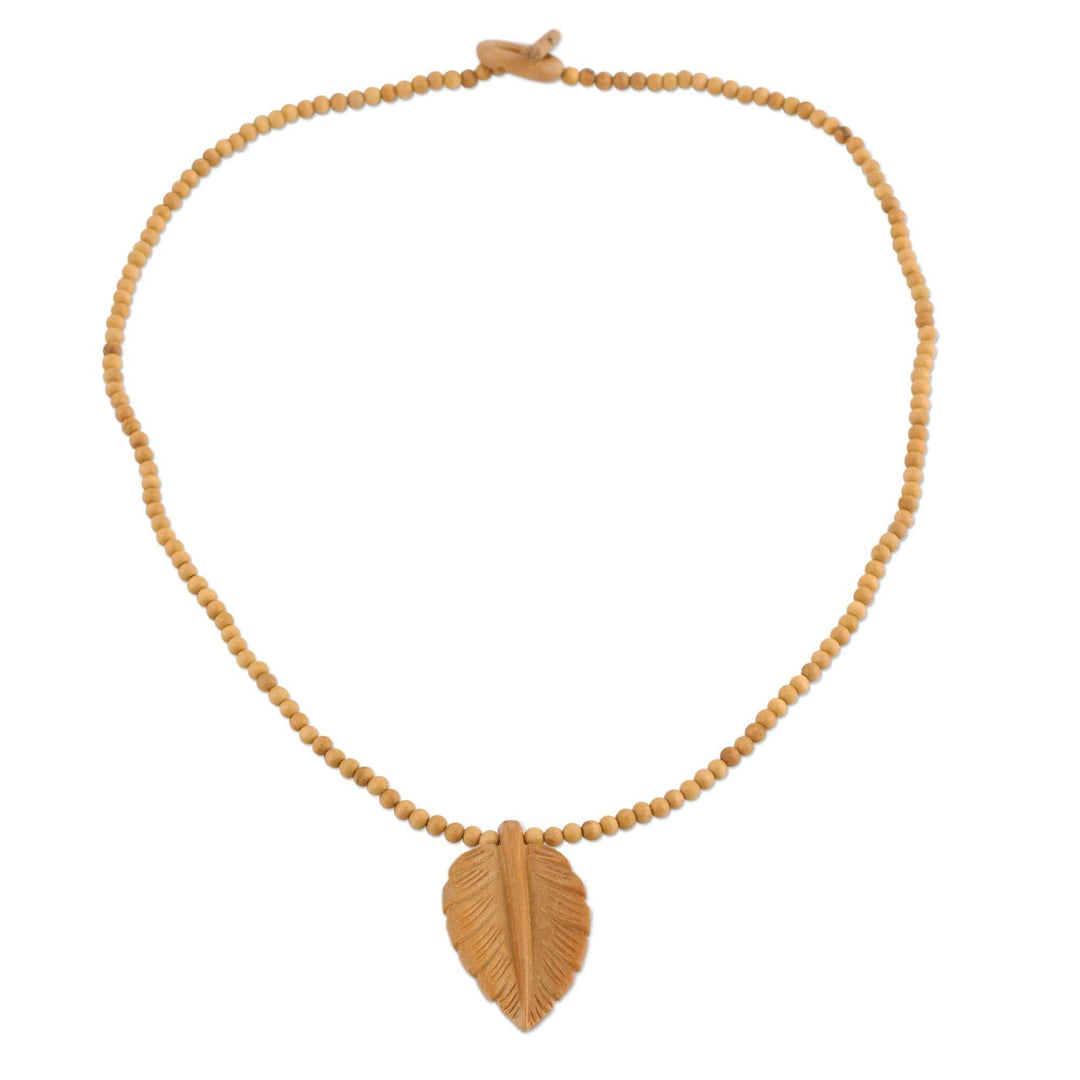 Hand Carved Wood Beaded Leaf Pendant Necklace - Mulberry Leaf