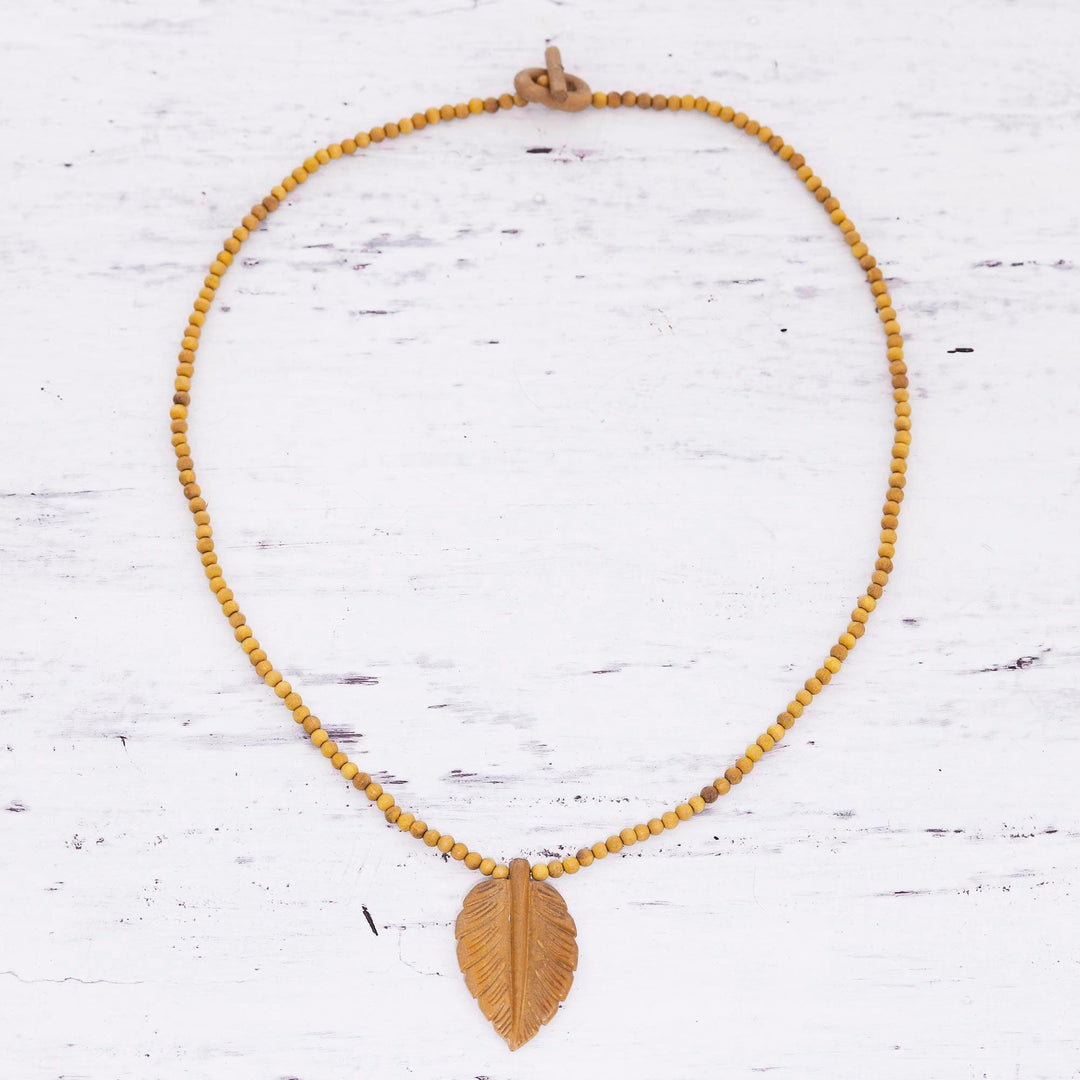 Hand Carved Wood Beaded Leaf Pendant Necklace - Mulberry Leaf