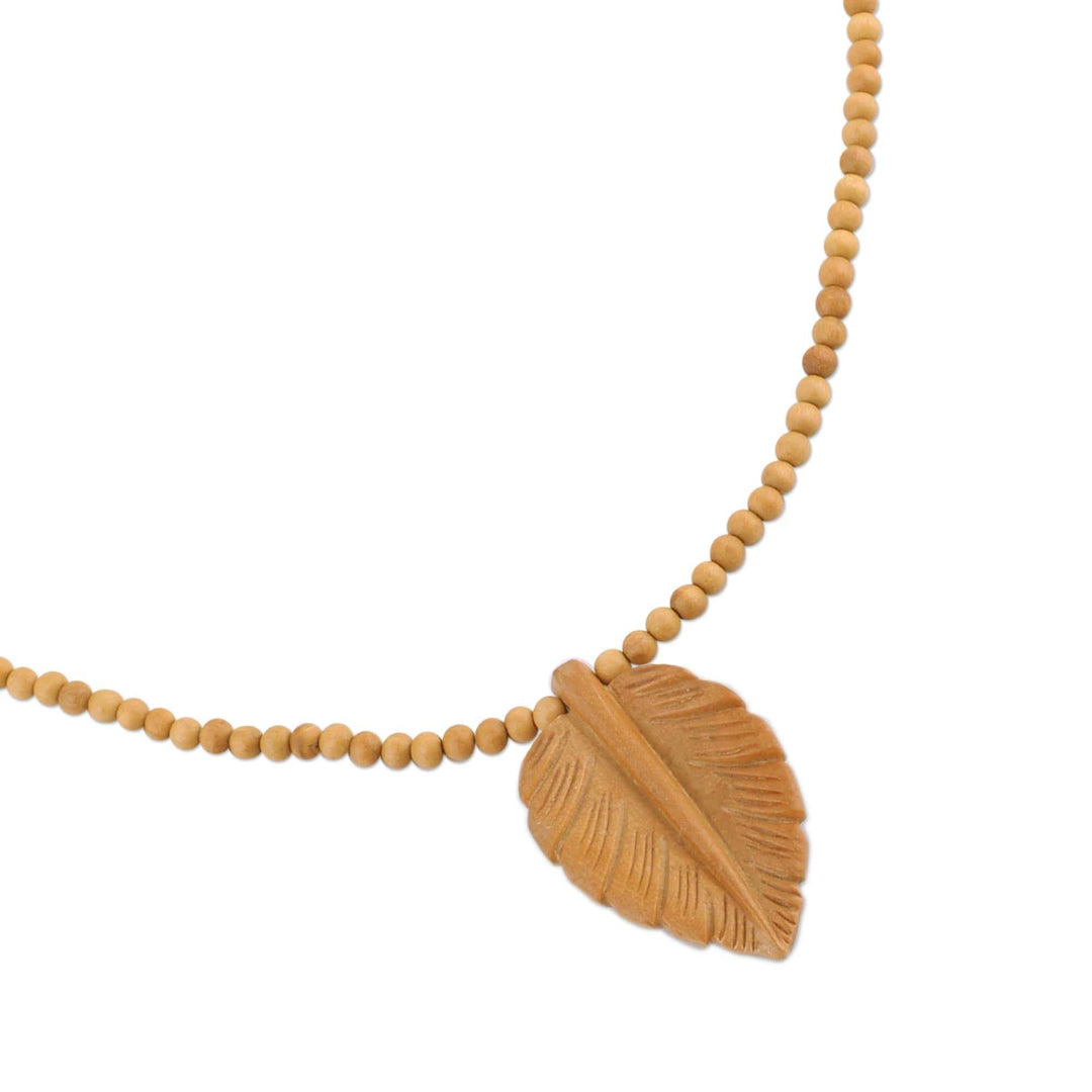 Hand Carved Wood Beaded Leaf Pendant Necklace - Mulberry Leaf