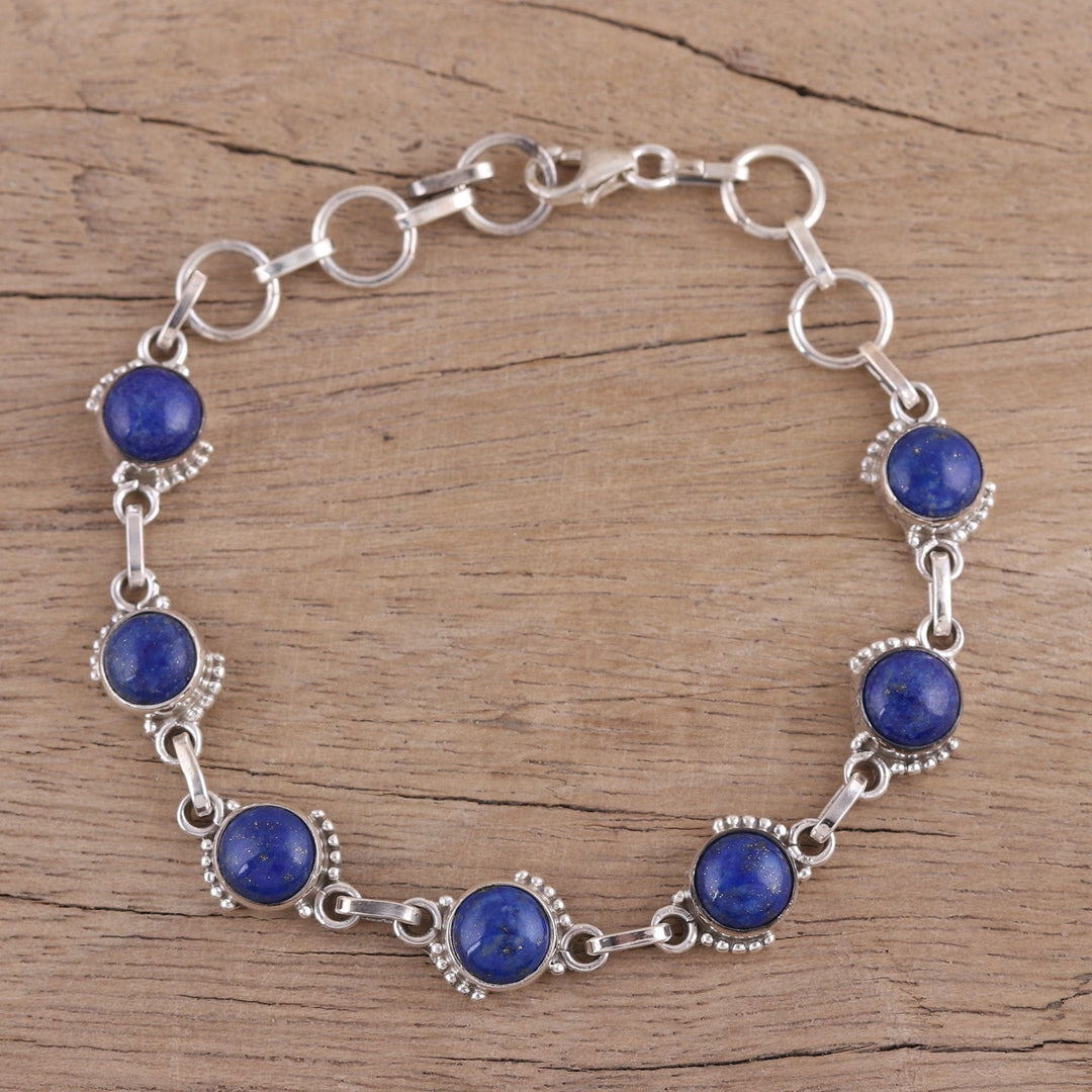 Lapis Lazuli and Sterling Silver Link Bracelet from India - Charming Orbs