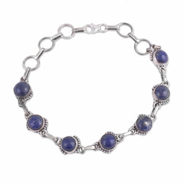 Lapis Lazuli and Sterling Silver Link Bracelet from India - Charming Orbs