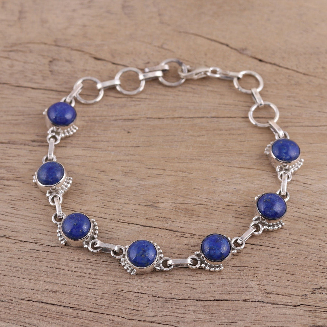 Lapis Lazuli and Sterling Silver Link Bracelet from India - Charming Orbs