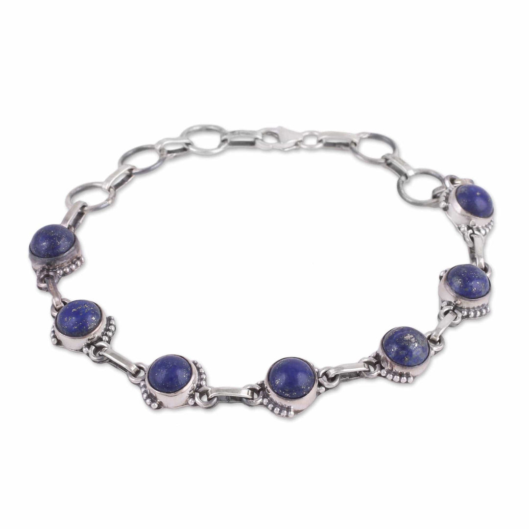 Lapis Lazuli and Sterling Silver Link Bracelet from India - Charming Orbs