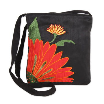 Embroidered Floral Cotton Sling Handbag from India - Lovely Blossom