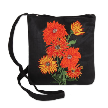 Embroidered Floral Sling Handbag from India - Vibrant Blossom