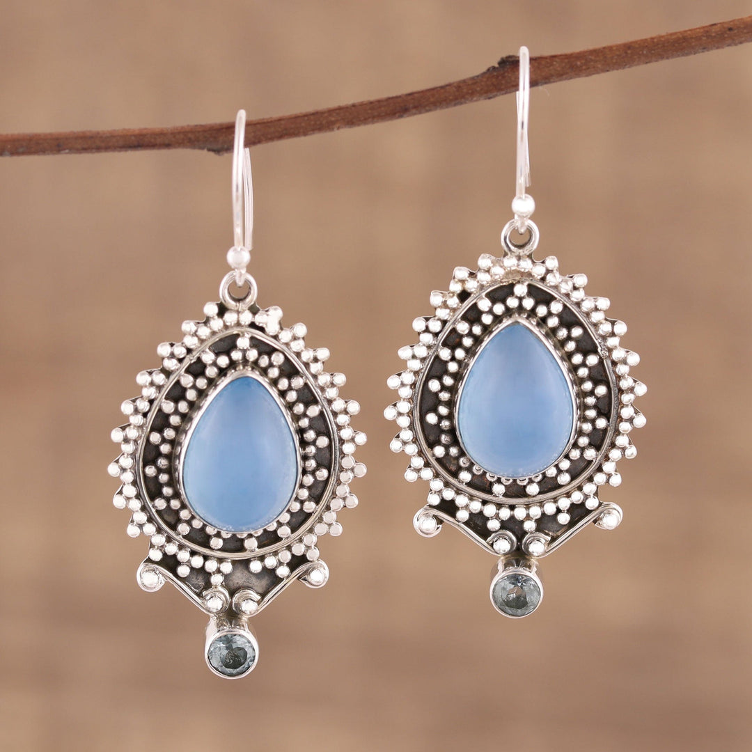 Chalcedony and Blue Topaz Dangle Earrings from India - Tranquil Day