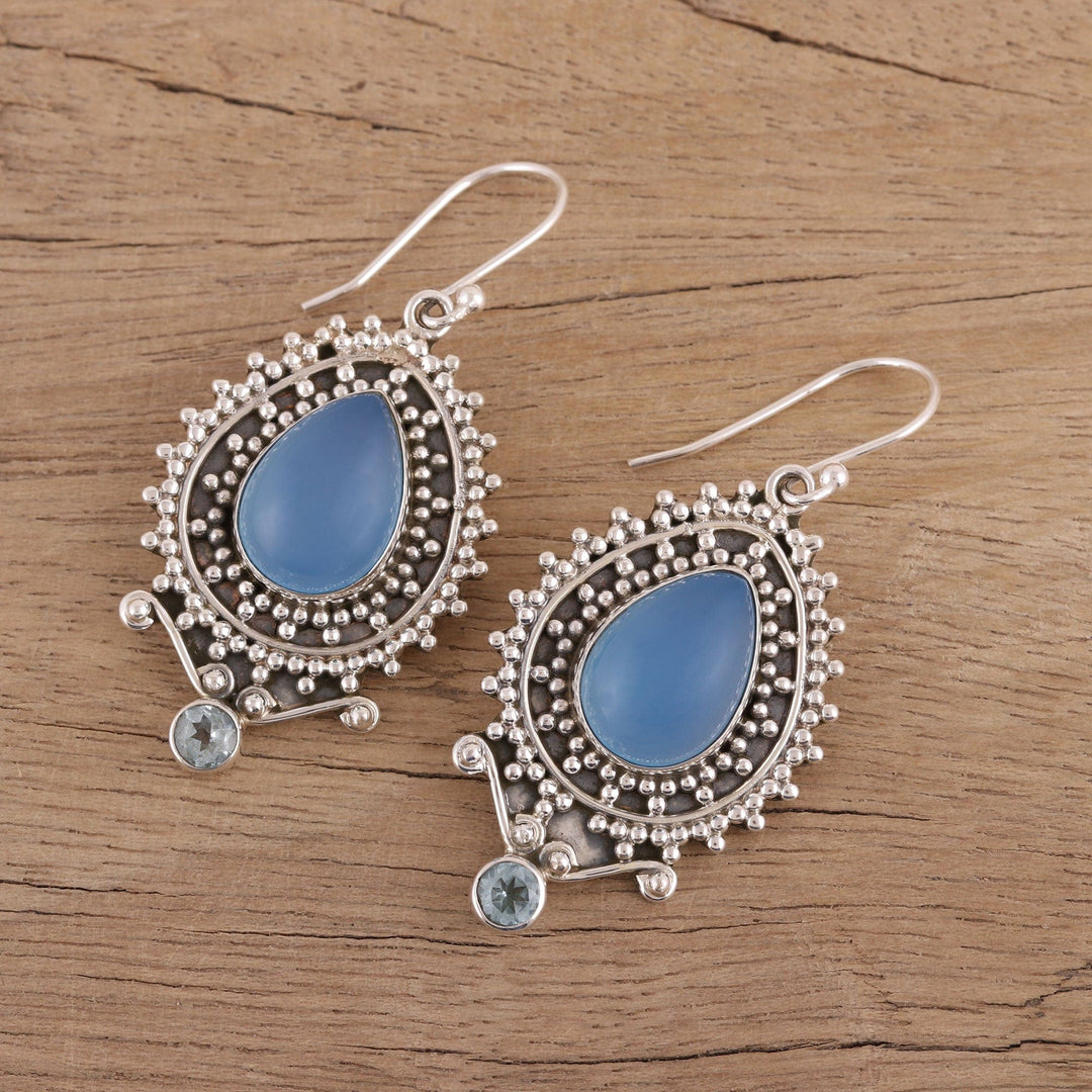Chalcedony and Blue Topaz Dangle Earrings from India - Tranquil Day