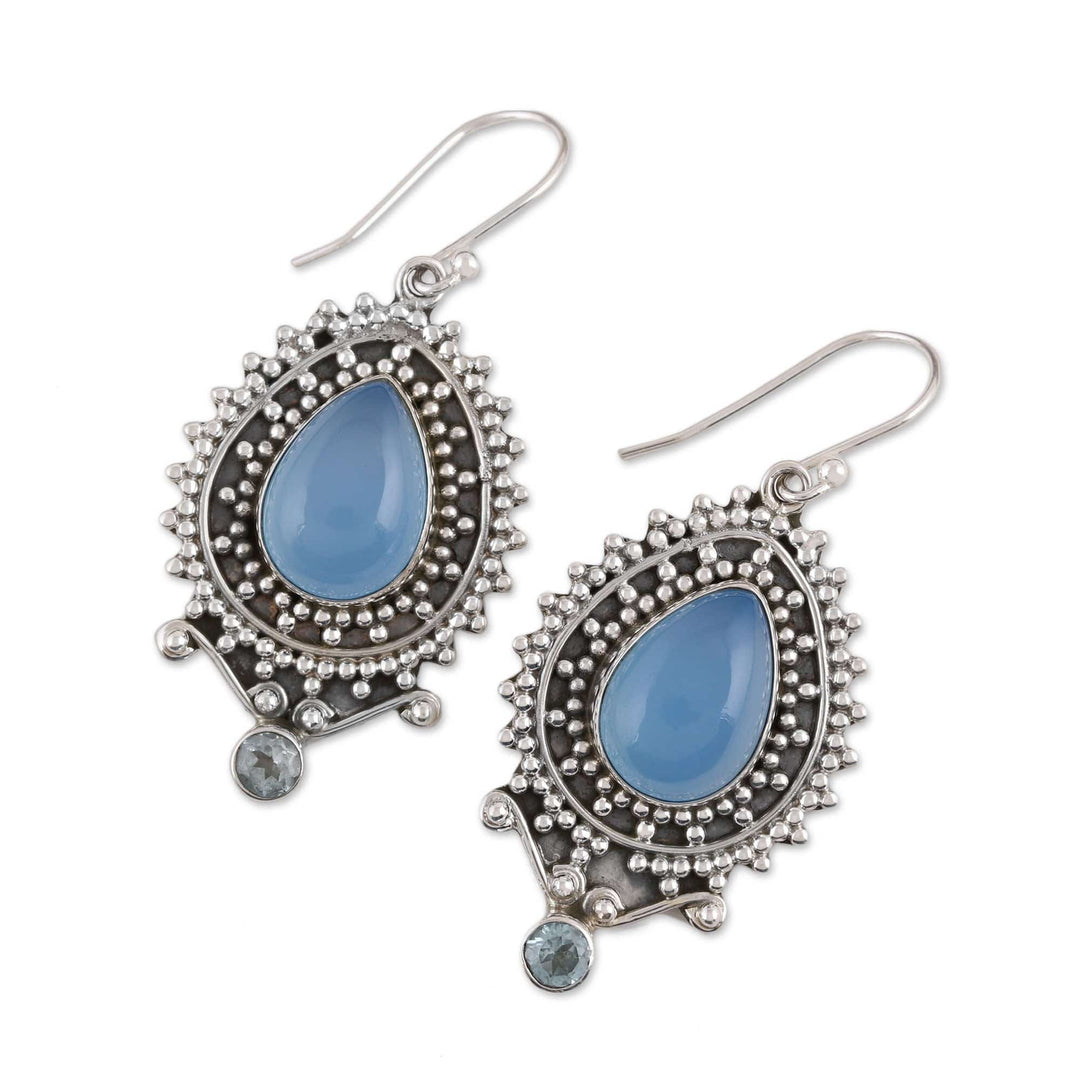 Chalcedony and Blue Topaz Dangle Earrings from India - Tranquil Day