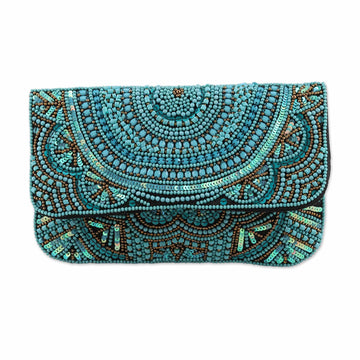 Beaded and Sequined Silk Evening Clutch - Turquoise Glamour