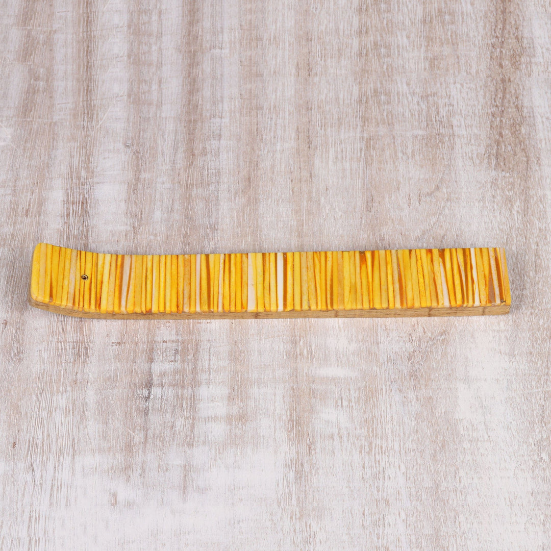 Sunny Yellow Resin Striped Wood Incense Holder from India - Sunny Delight