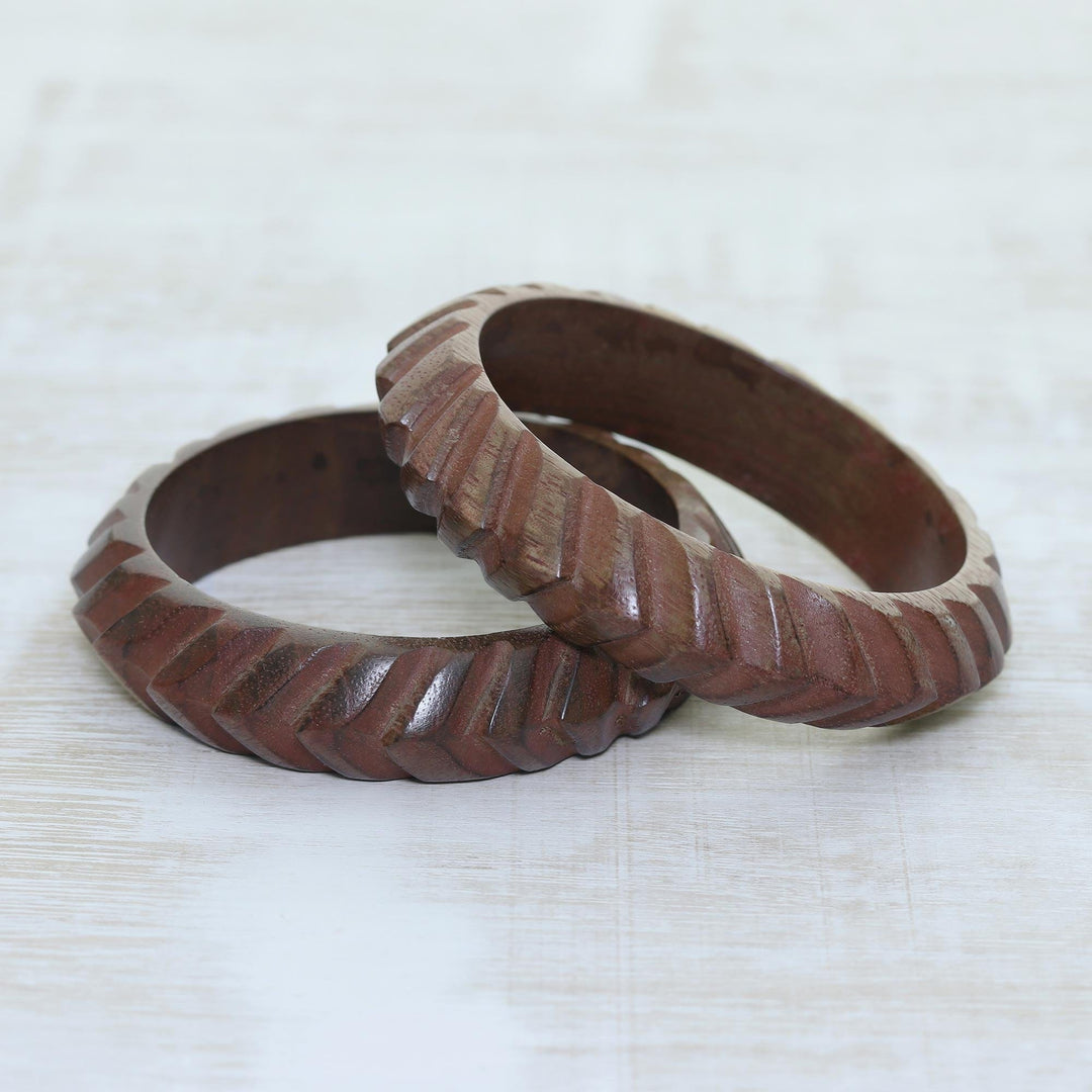 Hand Carved Angles Wood Bangle Bracelets from India (Pair) - Dimensions