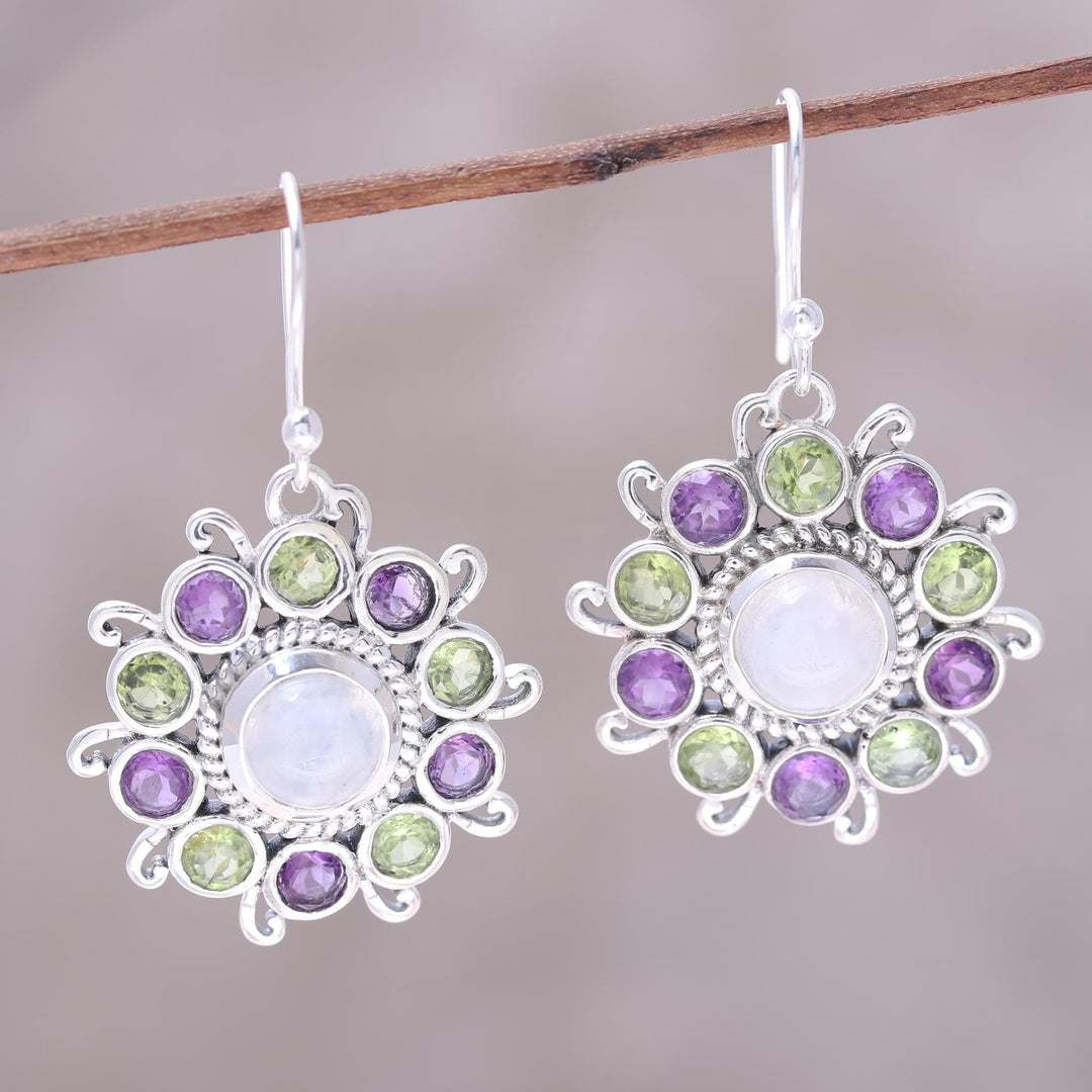 Sterling Silver Rainbow Moonstone Floral Dangle Earrings - Goddess Blooms