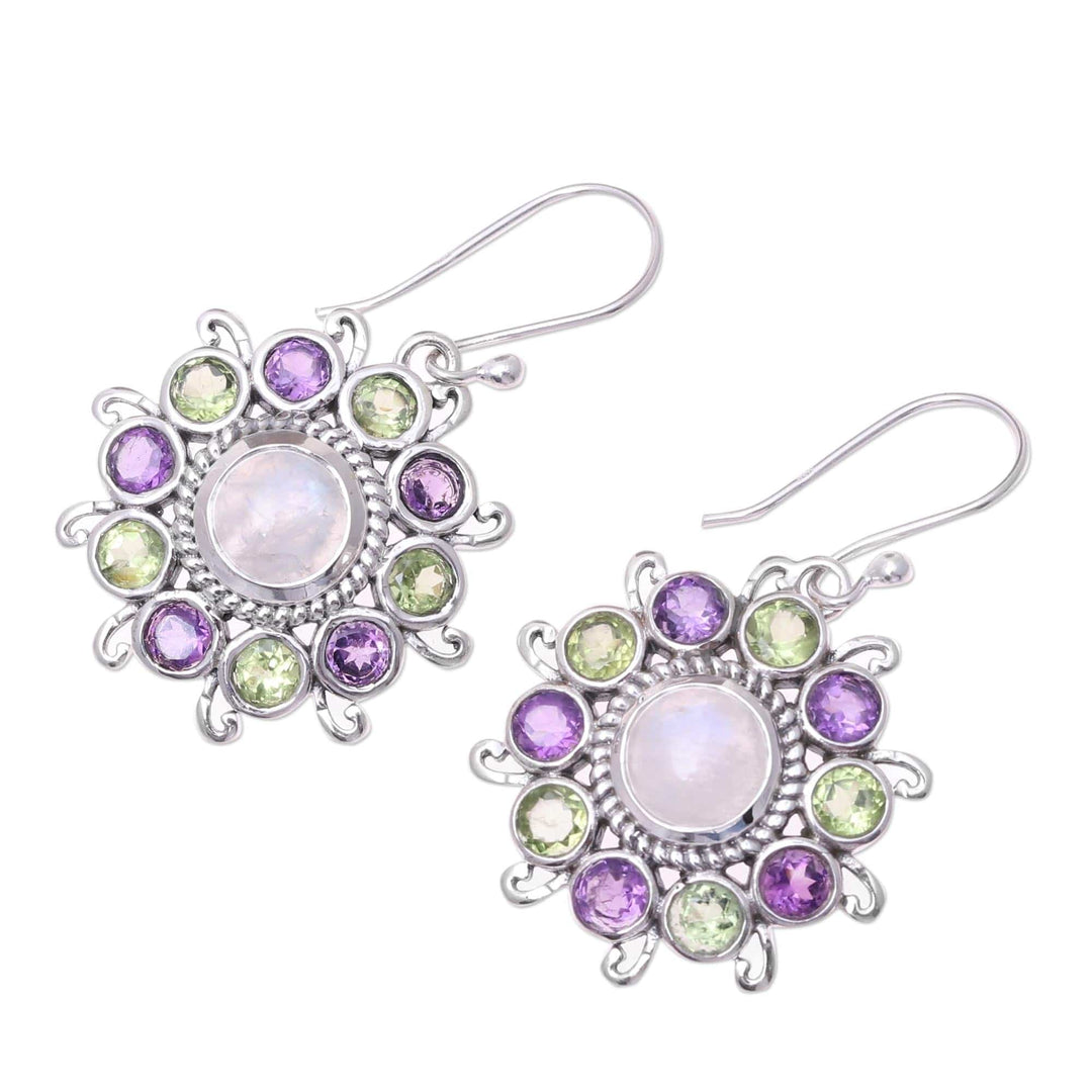 Sterling Silver Rainbow Moonstone Floral Dangle Earrings - Goddess Blooms