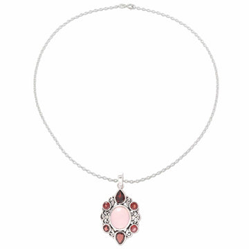 Garnet and Rose Quartz Pendant Necklace from India - Glory of Red