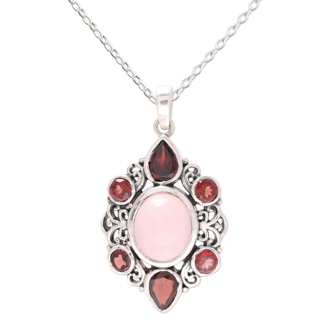 Garnet and Rose Quartz Pendant Necklace from India - Glory of Red