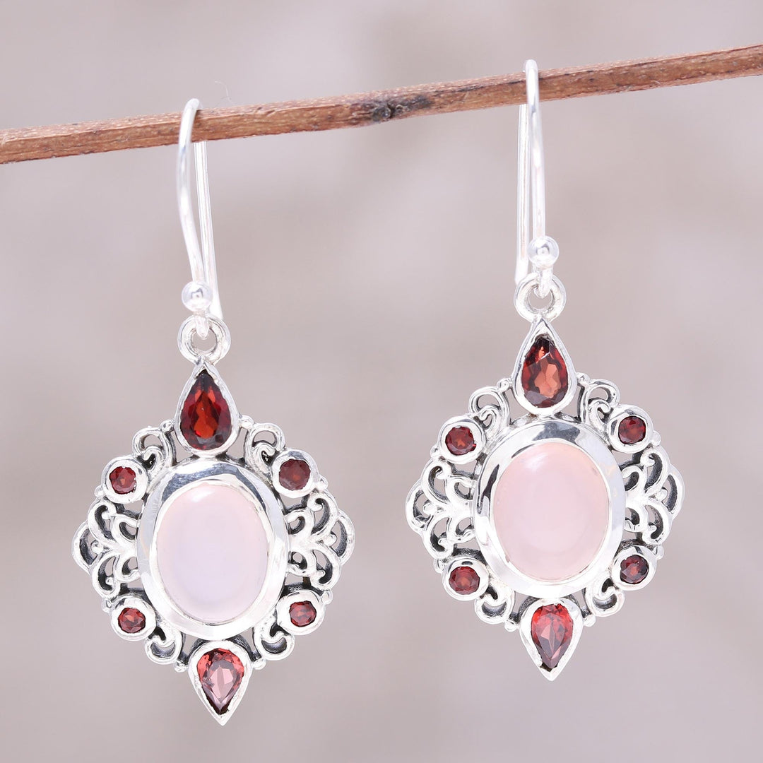 Garnet and Rose Quartz Dangle Earrings from India - Glory of Red