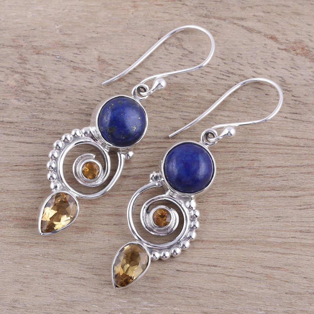 Citrine and Lapis Lazuli Spiral Earrings - Majestic Spirals