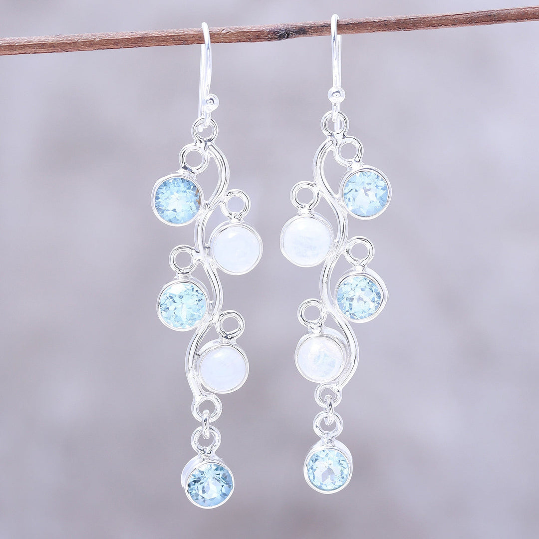 Blue Topaz and Rainbow Moonstone Earrings from India - Morning Climber