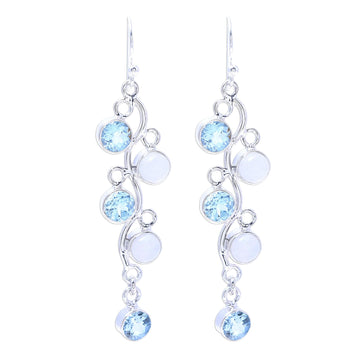 Blue Topaz and Rainbow Moonstone Earrings from India - Morning Climber