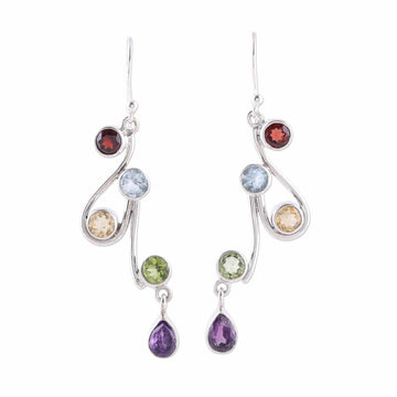 Multi-Gemstone and Scrolling Sterling Silver Dangle Earrings - Dancing Rainbow