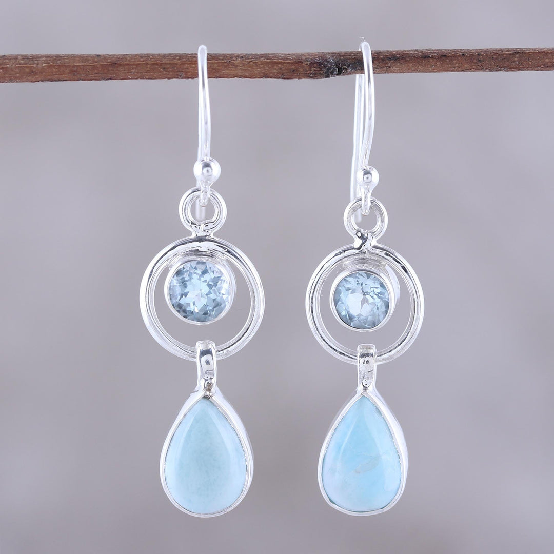 Larimar and Blue Topaz Dangle Earrings from India - Gleaming Daylight