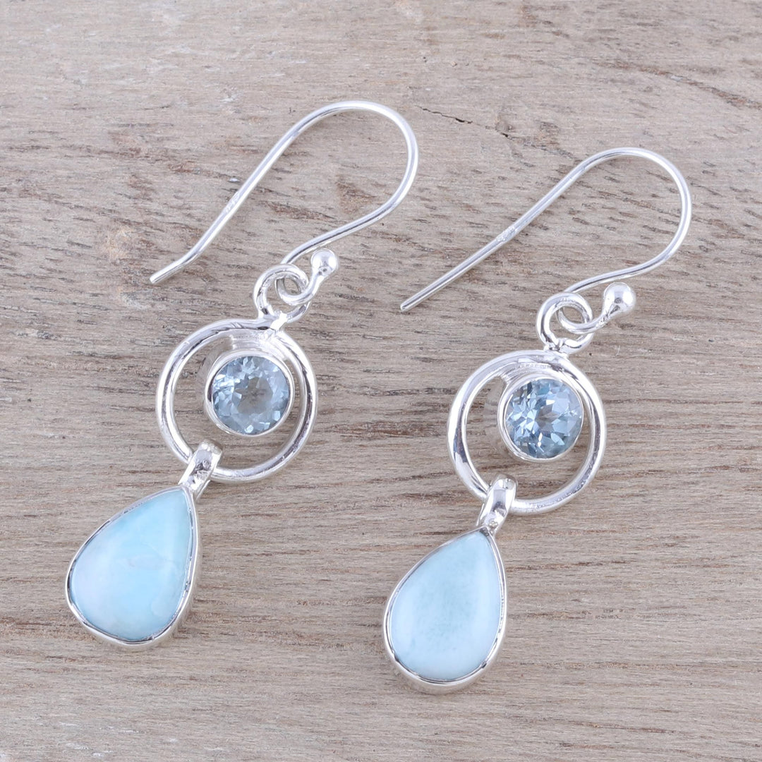 Larimar and Blue Topaz Dangle Earrings from India - Gleaming Daylight