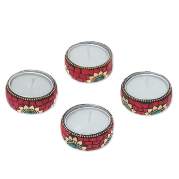 Floral Brass and Resin Tealight Holders in Red (Set of 4) - Floral Glow in Red
