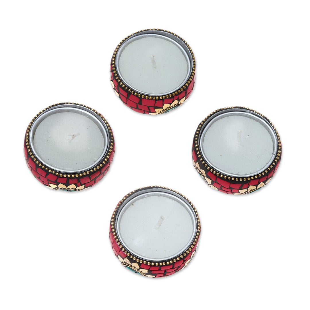 Floral Brass and Resin Tealight Holders in Red (Set of 4) - Floral Glow in Red
