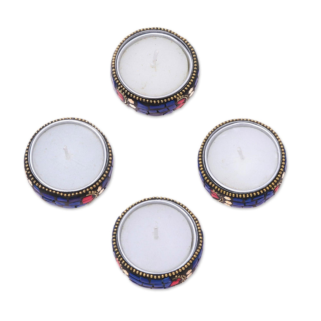 Set of Four Resin Coated Tea Lights with Brass Beads - Shimmering Stars