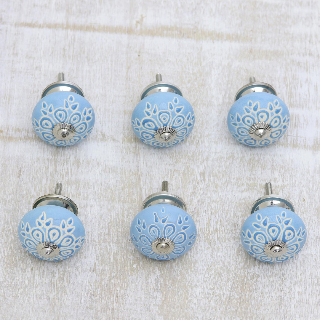 Sky Blue Floral Ceramic Drawer Pulls (Set of 6) - Skyflower