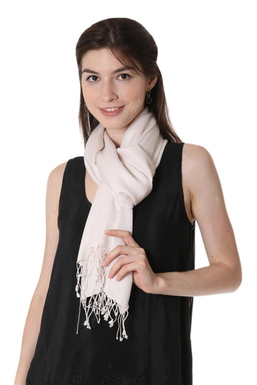 White Silk and Wool Blend Fringed Scarf from India - Swan Feather