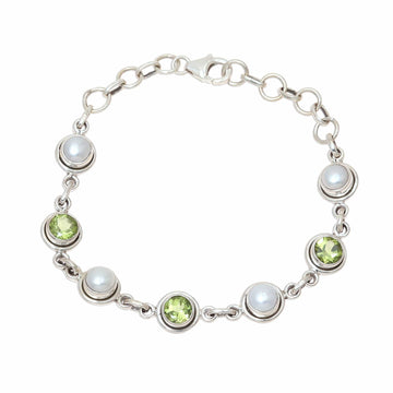 Peridot and Cultured Pearl Link Bracelet from India - Elegant Glitter