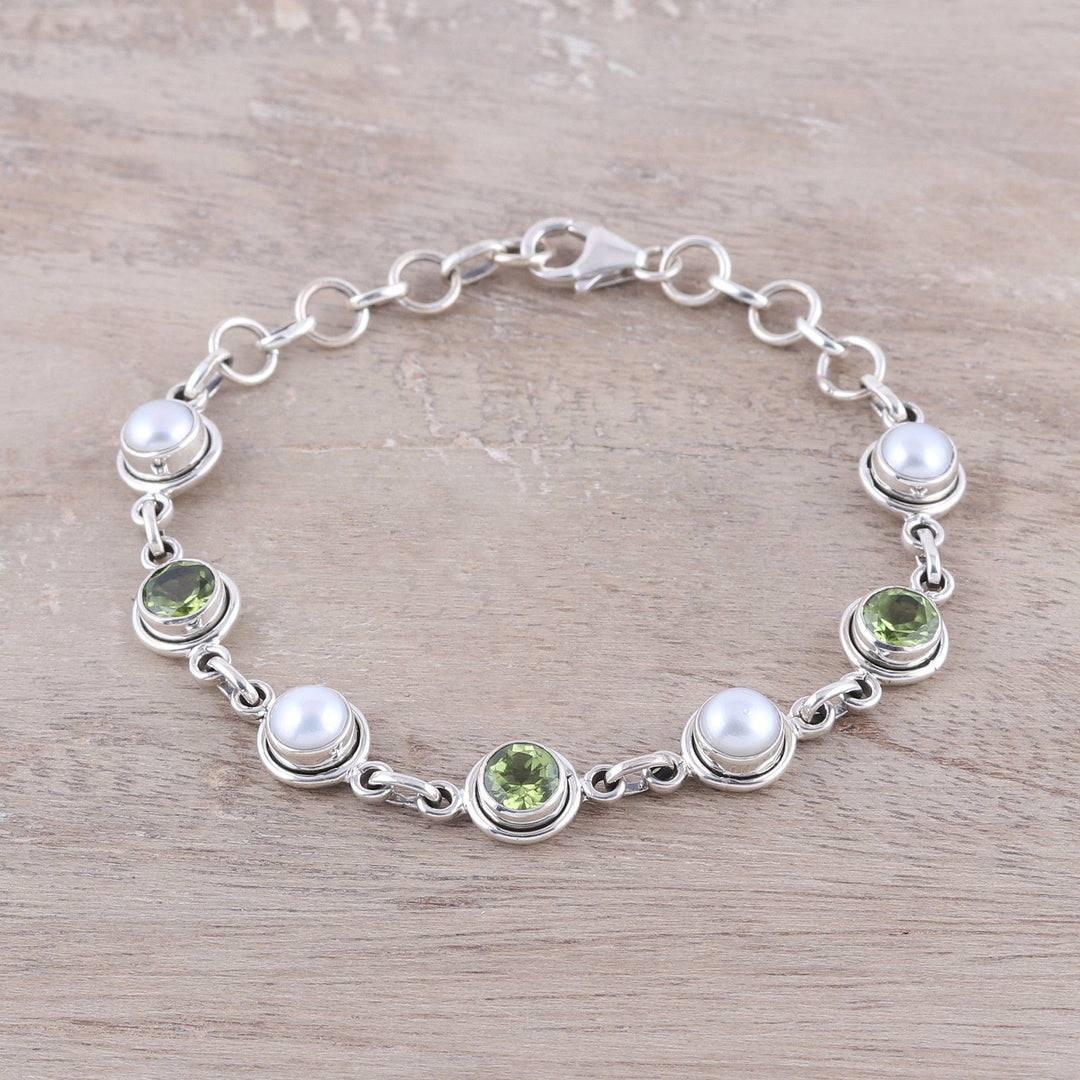 Peridot and Cultured Pearl Link Bracelet from India - Elegant Glitter