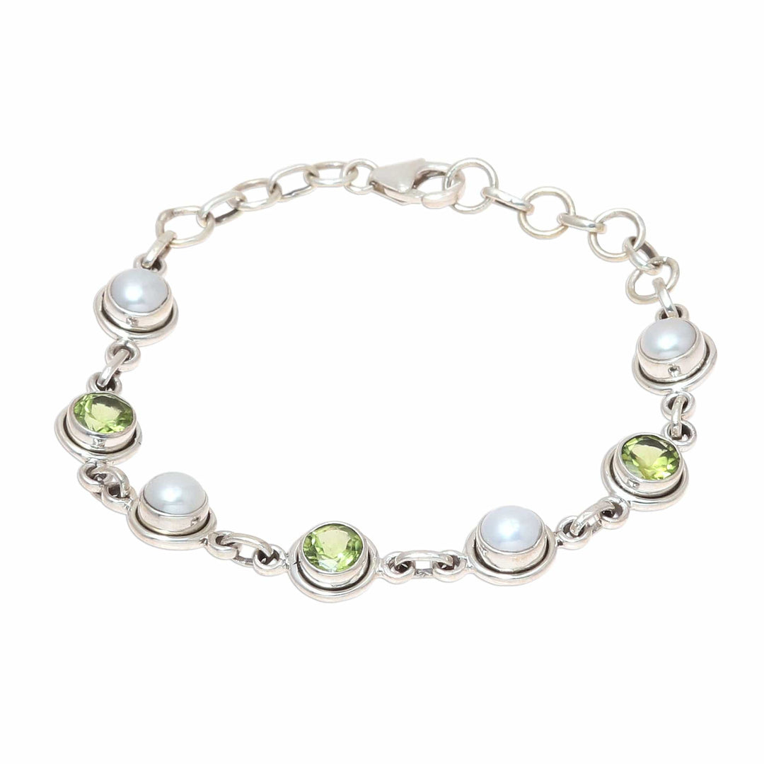 Peridot and Cultured Pearl Link Bracelet from India - Elegant Glitter
