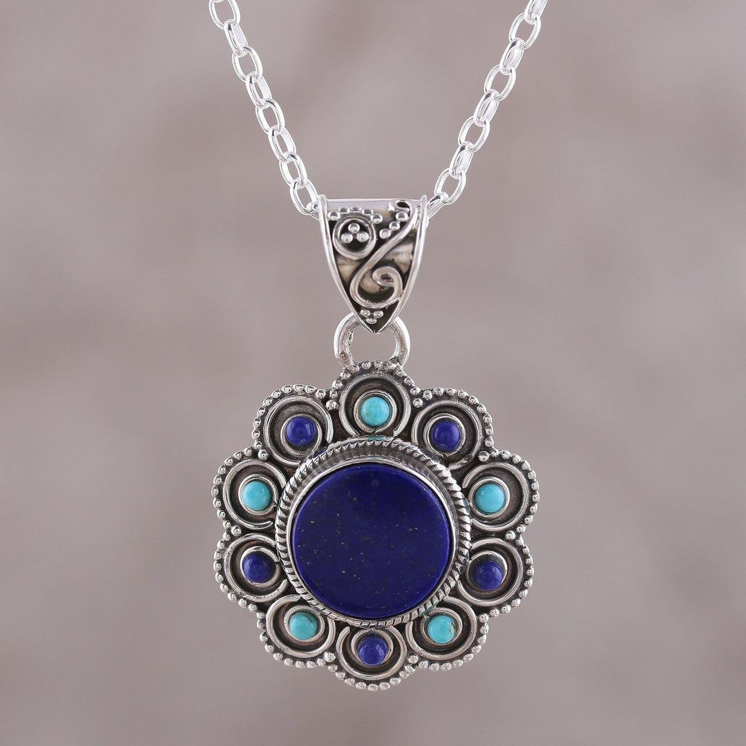 Lapis Lazuli and Composite Turquoise Flower Pendant Necklace - Magical Bloom