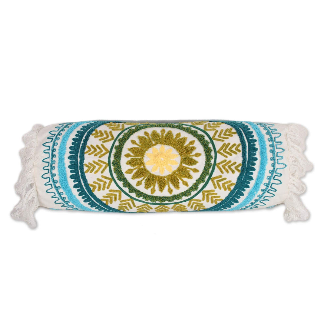 Mandala Pattern Embroidered Cotton Bolster Cover from India - Mandala Glory