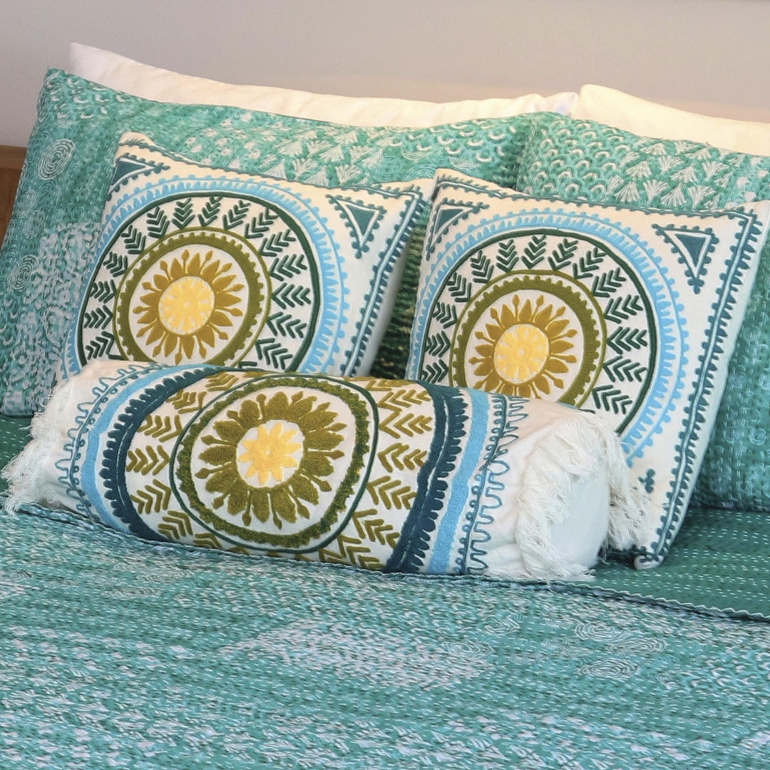 Mandala Pattern Embroidered Cotton Bolster Cover from India - Mandala Glory