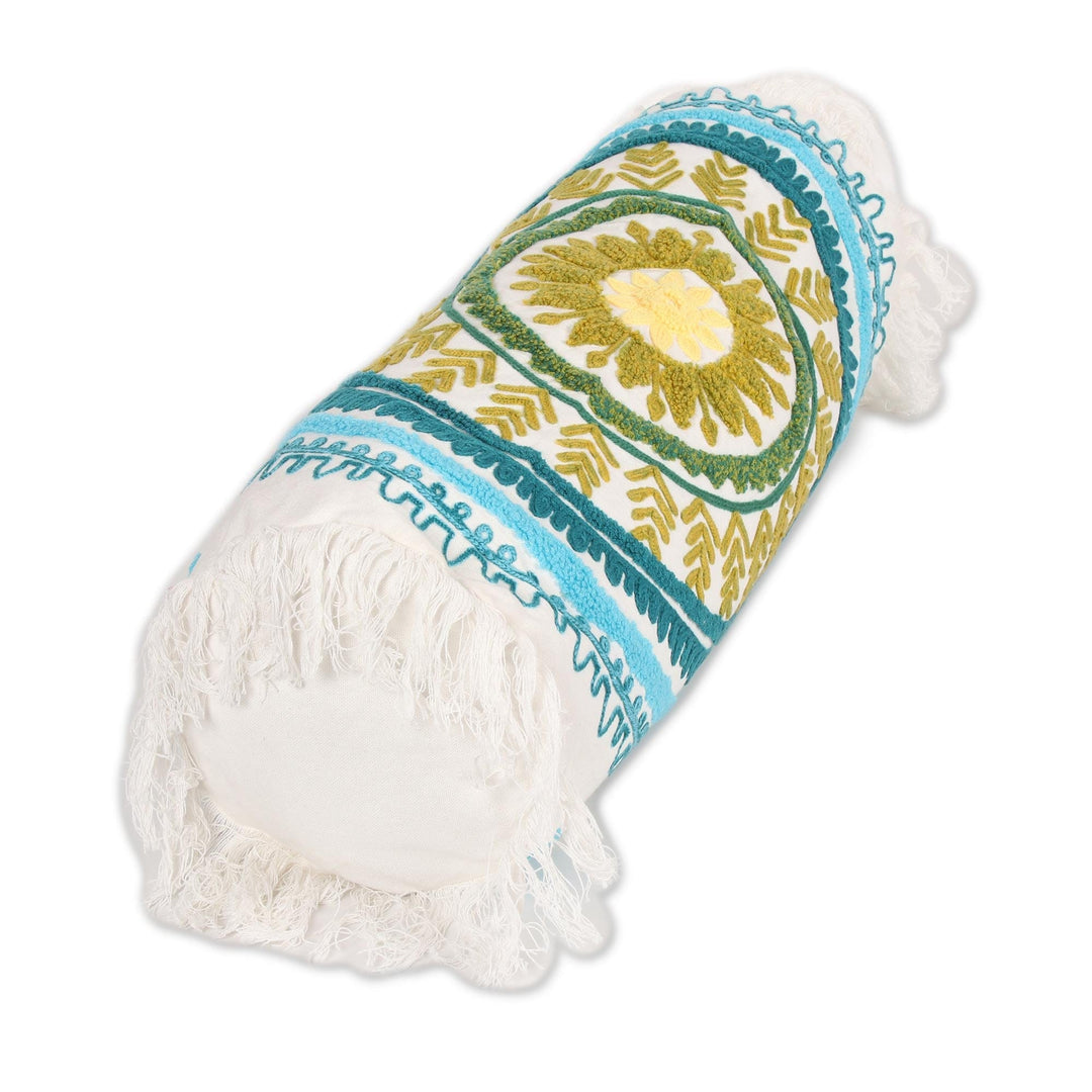 Mandala Pattern Embroidered Cotton Bolster Cover from India - Mandala Glory