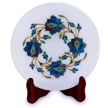Blue Floral Motif Marble Inlay Decorative Plate from India - Blue Garland