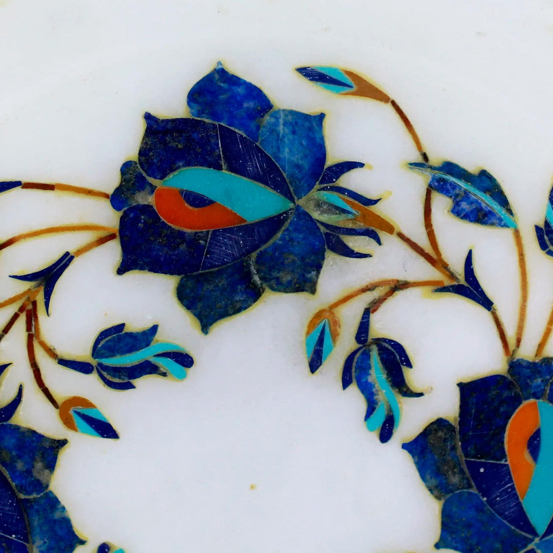 Blue Floral Motif Marble Inlay Decorative Plate from India - Blue Garland
